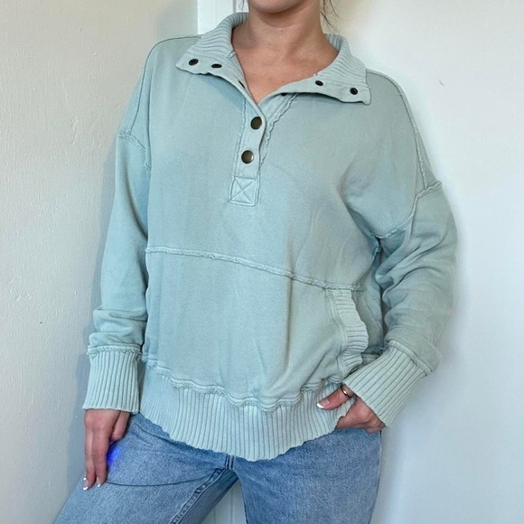 Aerie Light Blue Button-Up Sweatshirt - Picture 2 of 6